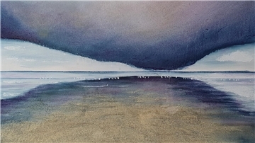 Nordseelandschaft mit Strand und dunklen Wolken auf einem Gemälde