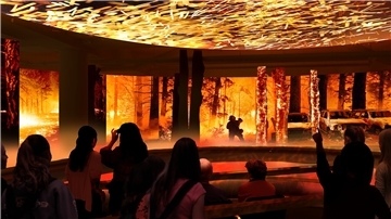 Besucher schauen auf eine raumfüllende Leinwand mit Waldbrand.