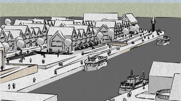 So soll in Nordenham Wohnen mit Weser-Blick möglich werden Mögliche Wohnbebauung im Großensieler Hafen auf einer Entwurfsskizze.