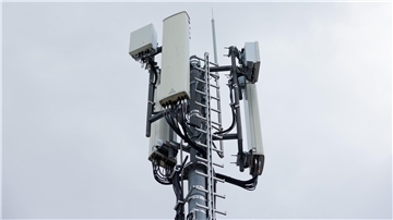 Im Vordergrund ist ein Mobilfunkmast zu sehen, dahinter ein wolkenverhangener grauer Himmel.