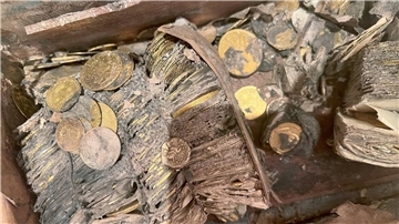So sah der Münzschatz aus, als er aus der Erde geholt wurde.