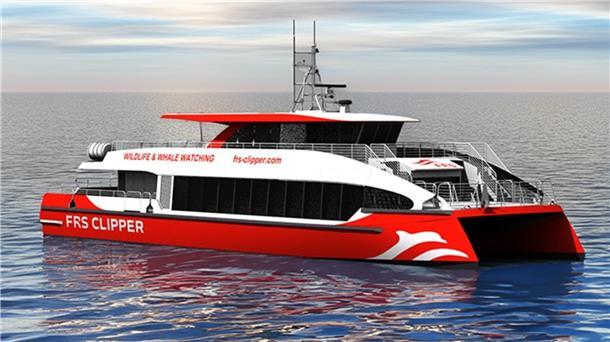 Dieser neue Katamaran bringt Touristen ab Mai 2025 zu den Walen Die Illustration eines rot-weißen Hochgeschwindigkeitskatamarans für die Wal-Beobachtung. So soll das neue Schiff aussehen. Visualisierung des neuen Clipper-Katamarans, der ab 2025 zur Walbeobachtung vor Seattle eingesetzt wird.