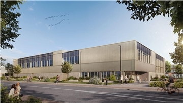 3D-Visualisierung einer architektonisch modernen Sporthalle mit großen Fensterfronten und einer Fassade aus Metall und Beton.