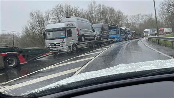 Staus im Hafen: Weil die Fahrzeugtransporter nicht auf den Autoterminal gelangen, verstopfen sie die Straße. Etliche Hafenbetriebe sind deshalb verärgert. Foto: Privat