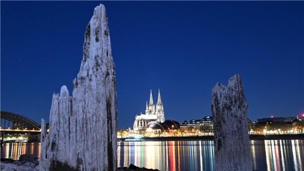 Teile einer Holzkonstruktion, die normalerweise unter Wasser liegen, sind am Rhein gegenüber vom Kölner Dom zu sehen. 