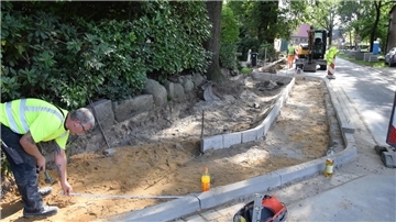 Teilweise wird die Dorfstraße in Seedorf verengt, der Fußweg in größeren Abstand von Bäumen gebaut.