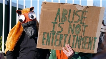 Tierschutz-Aktivisten protestieren gegen das Hindernisrennen in Aintree.