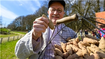 Torsten Riebesel, Mitarbeiter im Freilichtmuseum am Kiekeberg, mit einem ganzen Korb voller „Angeliter Tannenzapfen“.