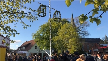 Umzug durch Burhave: Vom Atrium aus geht es mit dem Maibaum am Sonntagabend in Richtung Kirchplatz. Dort wird er dann aufgestellt.
