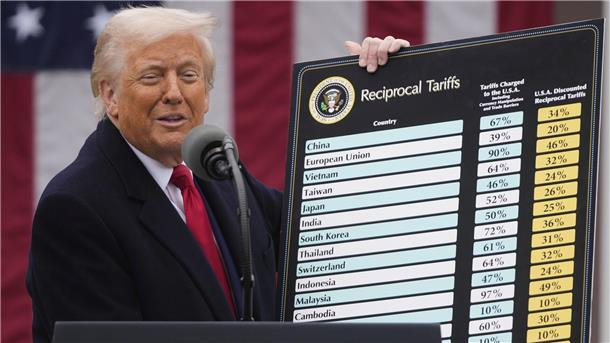 US-Präsident Donald Trump zeigt eine Tafel mit Angaben zu dem von ihm geplanten Zollpaket. So schätzt die Oldenburgische IHK die Pläne ein.