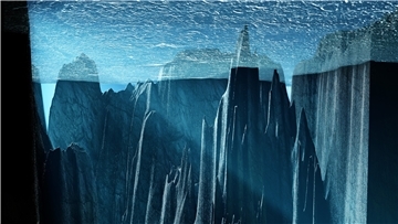 Vereinfachte Darstellung des Arktischen Ozeans und eines eiszeitlichen Eisschilds mit überhöhter Darstellung der echten Meerestiefen – abgeschnitten bei einer konstanten Tiefe, um die Verengung der Meerespassagen bei niedrigem Meeresspiegel und eine mögliche Auflagefläche eines vereinfacht dargestellten Eisschildes zu zeigen.