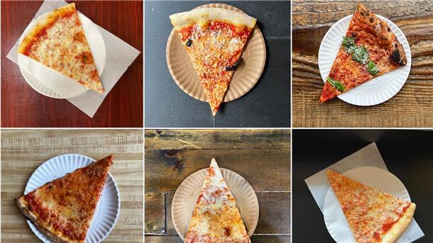 Verschiedene „cheese slice“-Pizzastücke sind bereit, gegessen zu werden.