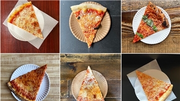Verschiedene „cheese slice“-Pizzastücke sind bereit, gegessen zu werden.