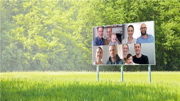 Vier Paare, vier Grundstücke, vier Häuser. Dieses Projekt wollen (von oben links im Uhrzeigersinn) Jule, Carl (1 Jahr) und Jo Wohlers gemeinsam mit Sandra Schmull und Alexander Pavel, Maj Nynke Hosberg, Marla (8 Monate) und Jan sowie Sarah Kröger und Noel Hohn (auf dem Archiv-Bild fehlt ihr gerade geborener Sohn Jonah) immer noch umsetzen. Nur: Es fehlt passender Baugrund. Montage: NZ/Gausmann; Fotos: Stock/Rabbel
