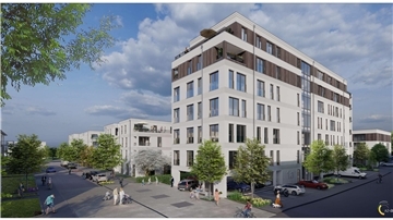 Visualisierung des Architekturbüros AZ für ein siebengeschossiges Ärzte- und Wohnhaus auf der Rückseite des Wulsdorfer Edeka-Marktes.