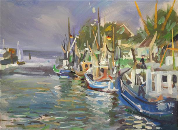 Kunst- und Kulturwochen in Butjadingen: Zum Start Flip-Flops und Hafenansichten Von dem Künstler Hartmut van Riesen stammt dieses Gemälde mit einer Ansicht des Fedderwardersieler Hafens. Es entstand Ende August 1979 und wird in der Ausstellung zu sehen sein.