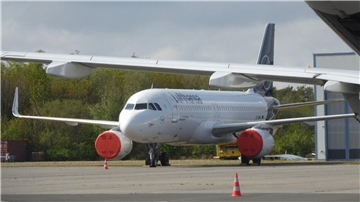 Ein geparktes Passagierflugzeug der Lufthansa, ein Airbus A320, steht auf einer Flughafenterrasse. Die Triebwerke sind mit roten Schutzabdeckungen versehen, und ein orange-weißer Verkehrskegel ist im Vordergrund sichtbar. Im Hintergrund sind Bäume und ein Hangar zu erkennen.