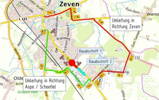 Kreiselbau und Straßensanierung: Scheeßeler Straße in Zeven dicht Umleitungsstrecken während des Neubaus der Scheeßeler Straße in Zeven