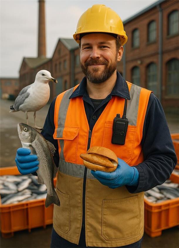 Bremerhaven in Bildern: So sieht ChatGPT die Stadt Warum hält der freundlich lächelnde Hafenarbeiter ein Fischbrötchen und einen Fisch in der Hand? Und was macht die Möwe da?