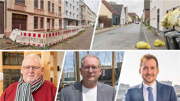 Geteiltes Bild: Blick auf den Stadtteil Goethequartier und drei Porträts von drei Politikern