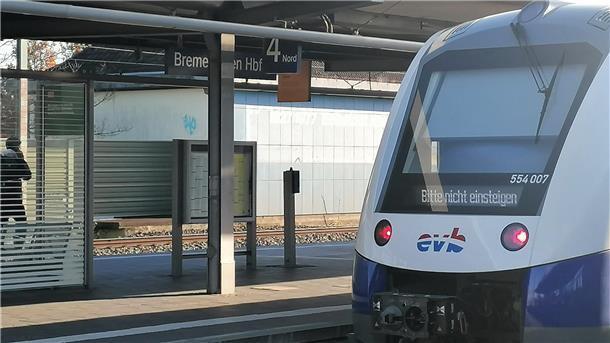 Ein Zug steht am Bahnhof.