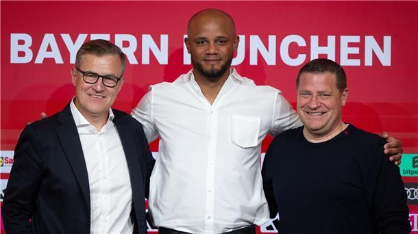 „Der Boss bleibt“: Neuer Kompany-Vertrag vor Belgien-Duell Weiter ein Team: Vorstandschef Jan-Christian Dreesen (l), Trainer Vincent Kompany (M) und Sportvorstand Max Eberl. (Archivbild)
