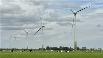 Bild von sechs Windrädern im Windpark Butterburg
