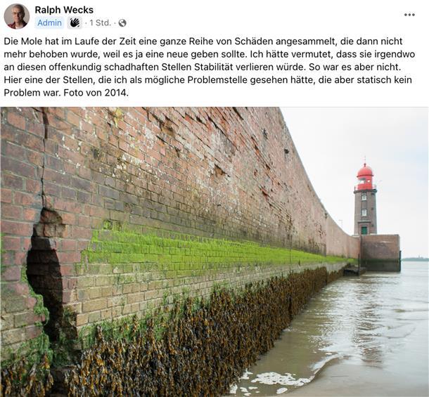 Facebook-Gruppe setzt der Nordmole im Digitalen ein Denkmal Wer es wollte, konnte die wachsenden Schäden an der Nordmole deutlich sehen. Hier ein Bild von 2014.