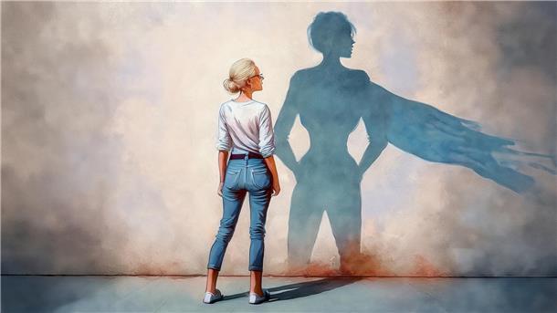 Eine gezeichnete Frau steht in Alltagsklamotten vor einer Wand. Ihr Schatten trägt ein Superhelden-Umhang.