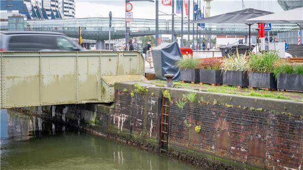 Havarie-Risiko: Bremerhaven prüft Schließung des Verbindungskanals zur Sail Kaje des Verbindungskanals mit Grasbüscheln im Mauerwerk.