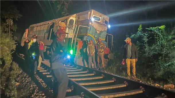 Wildhüter und Polizeibeamte stehen an einer entgleisten Lokomotive, nachdem ein Personenzug mit einer Elefantenherde zusammengestoßen ist. (Foto aktuell)
