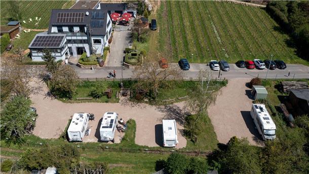 Wohnmobilstellplätze auf dem Gelände eines Weinguts im Rheingau.