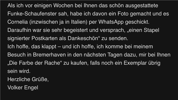 Die E-Mail von Volker Engel an die Buchhandlung Memminger zu ihrem Cornelia-Funke-Schaufenster. 
