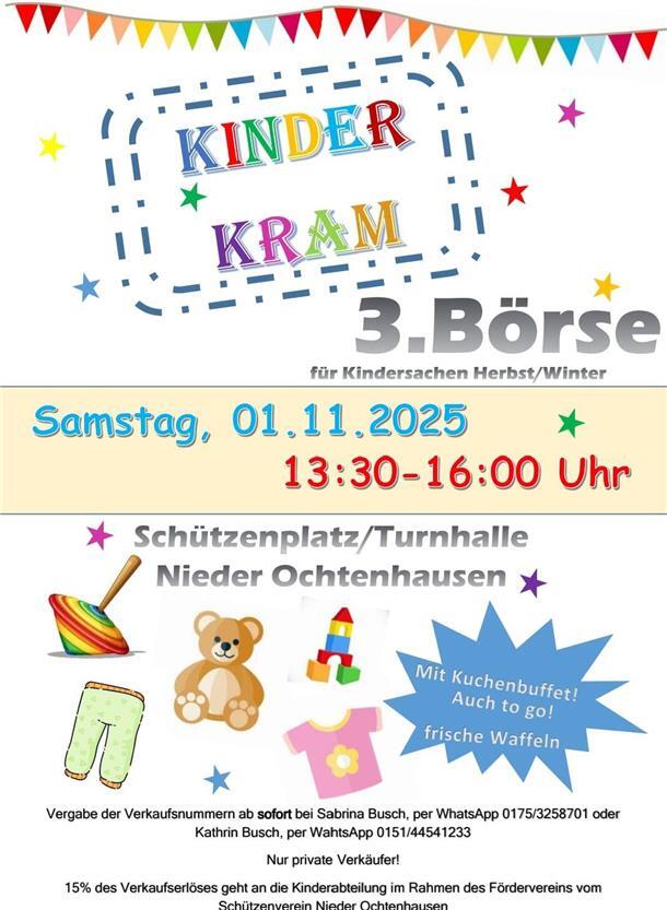 KinderKram: Börse für Kindersachen in Nieder Ochtenhausen Zur dritten Börse für Kindersachen wird am 1. November nach Nieder Ochtenhausen eingeladen.