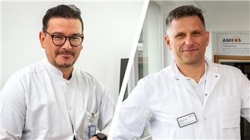 Dr. Kadir Yilmaz (links), Chefarzt der Klinik für Herz-, Kreislauf- und Gefäßmedizin, und Matthias Trede, Chefarzt der Gefäßchirurgie, im Ameos-Klinikum Mitte Bremerhaven
