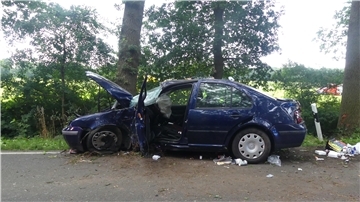 Ein verunfalltes Auto, das gegen einen Baum geprallt ist. 